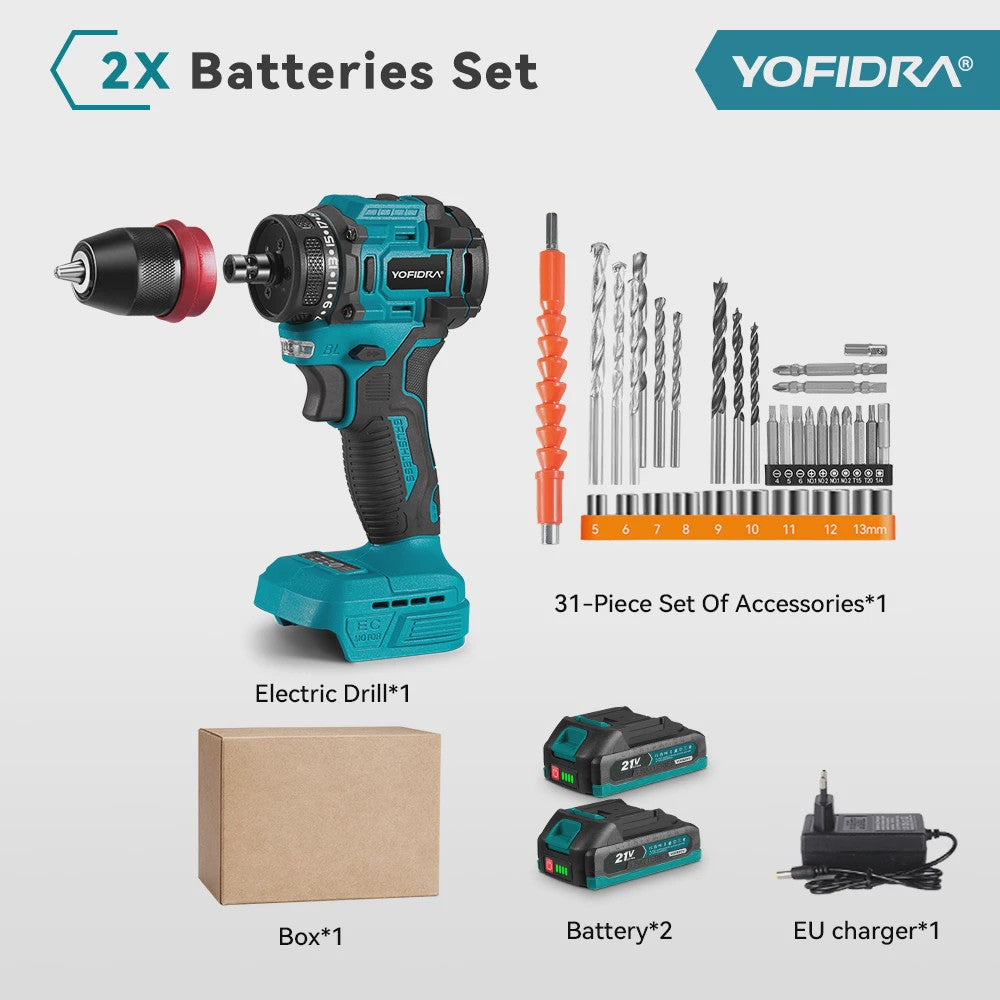 YOFIDRA 21V Brushless Accuboormachine - 10mm Klopboorfunctie, 24 Versnellingen