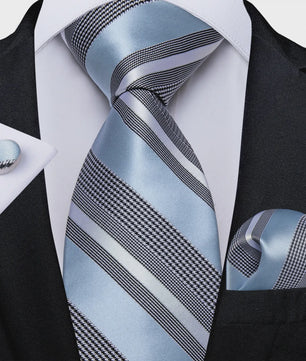 Luxe Blauwe Gestreepte Heren Das Set met Pochet & Manchetknopen - 8cm Breed