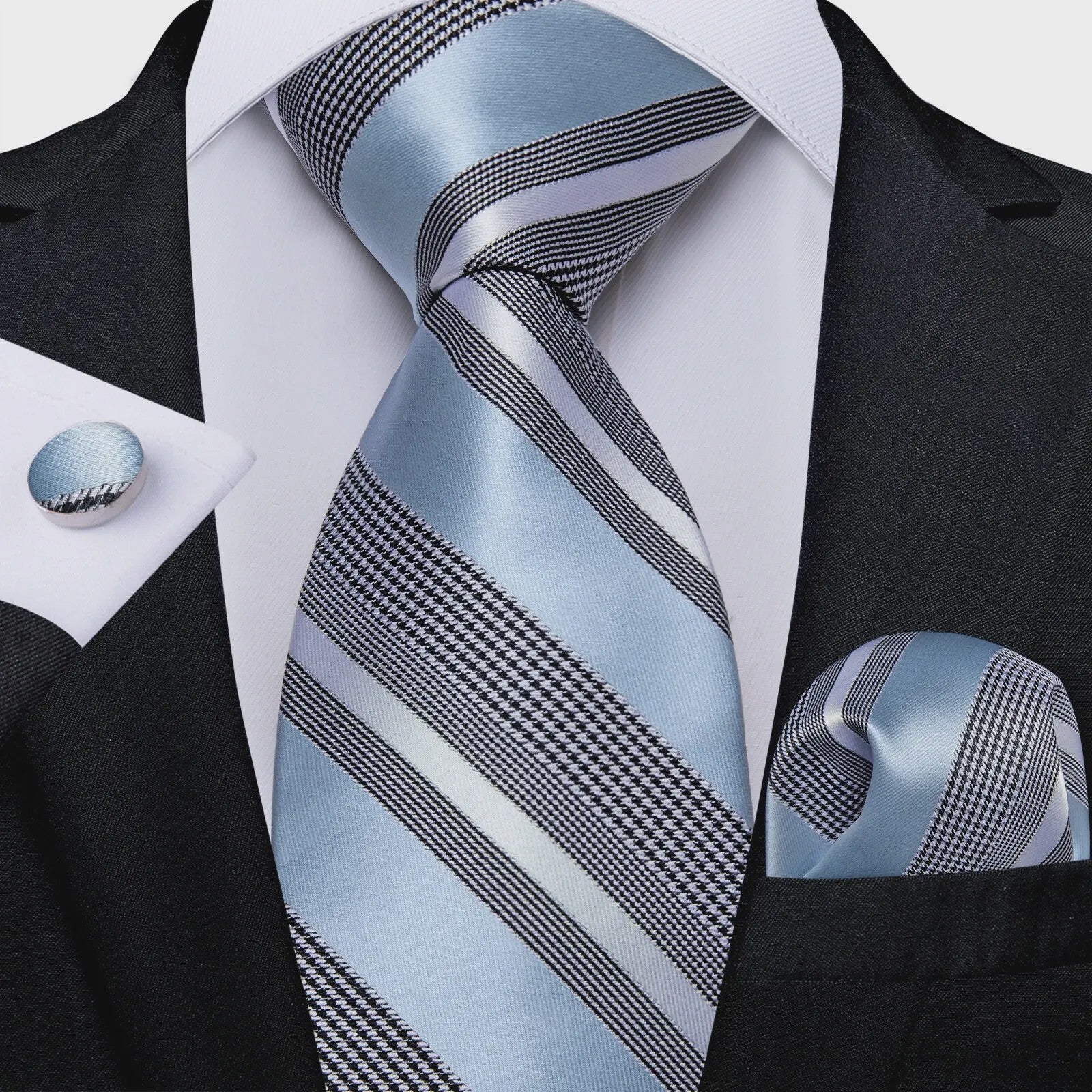 Luxe Blauwe Gestreepte Heren Das Set met Pochet & Manchetknopen - 8cm Breed