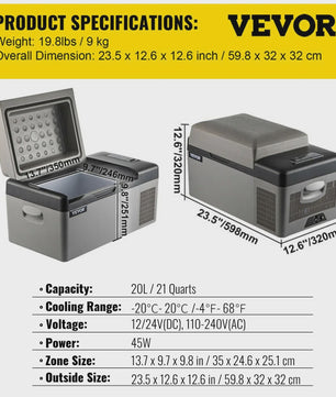 VEVOR Draagbare Vriezer/Koelkast 58 Qt (55L) - Auto, Boot, Outdoor - Snelkoelend