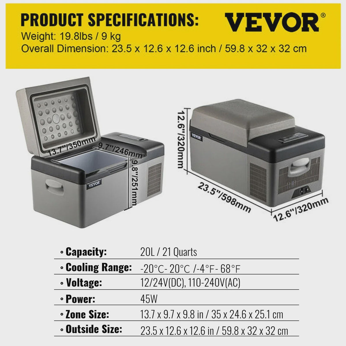 VEVOR Draagbare Vriezer/Koelkast 58 Qt (55L) - Auto, Boot, Outdoor - Snelkoelend