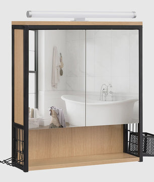 Badkamer Wandkast met Spiegel en LED Verlichting - Opbergkast met Haardrogerhouder & Verstelbare Plank