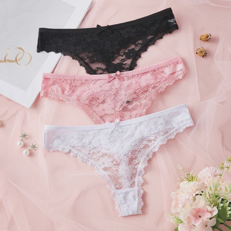 3-Pack Dames Strings van Kant en Mesh - Sexy Transparant Ondergoed