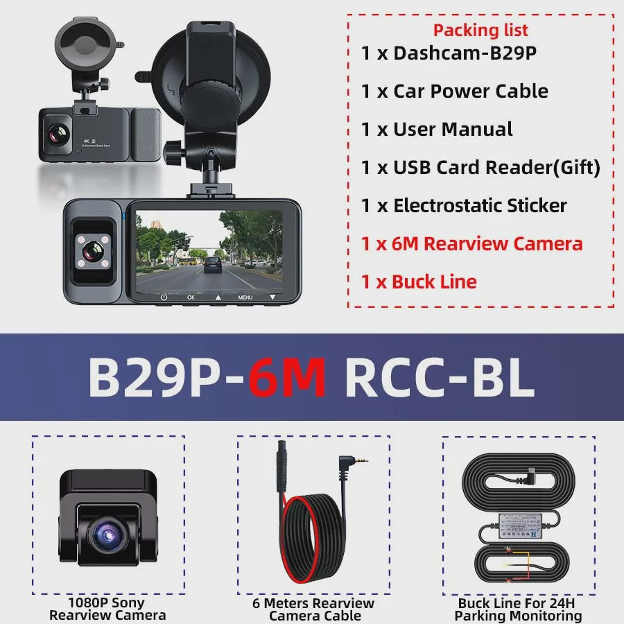 4K 3-Kanaals Dashcam met Infrarood Interne Camera, WIFI, GPS & Parkeermodus - 3'' LCD