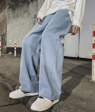 Streetwear Jeans Heren: Loose Fit, Wide Leg, Koreaanse Stijl - Zwart & Lichtblauw