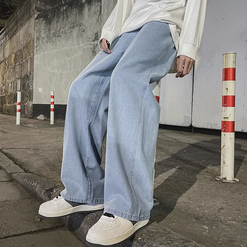 Streetwear Jeans Heren: Loose Fit, Wide Leg, Koreaanse Stijl - Zwart & Lichtblauw