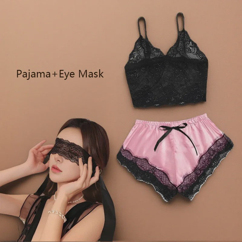 Dames Pyjamaset Satijn met Kant - Sexy Cami Top en Shorts Nachtkleding Zomer