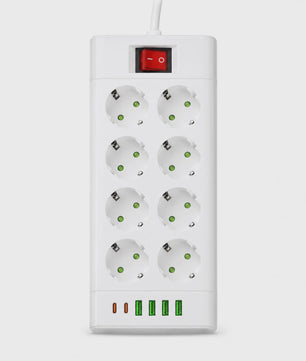 Universele Stekkerdoos met 6 of 8 Schuko Stopcontacten en 6 USB Poorten (2x USB-C, 4x USB-A), 2m Kabel, Wit