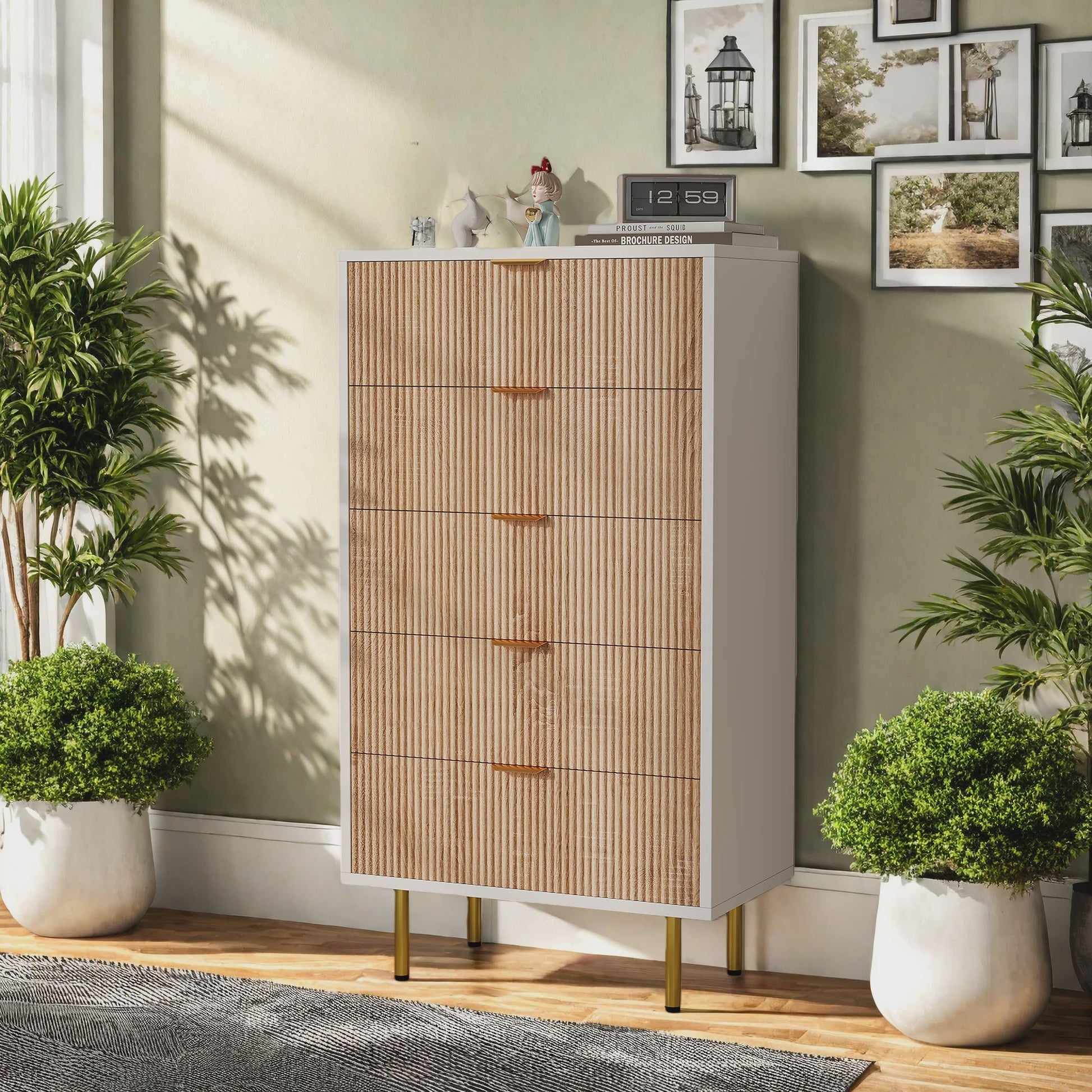 Superaly Ladekast 5 Lades - Natuurlijk Hout & Wit - Stijlvolle Opbergkast