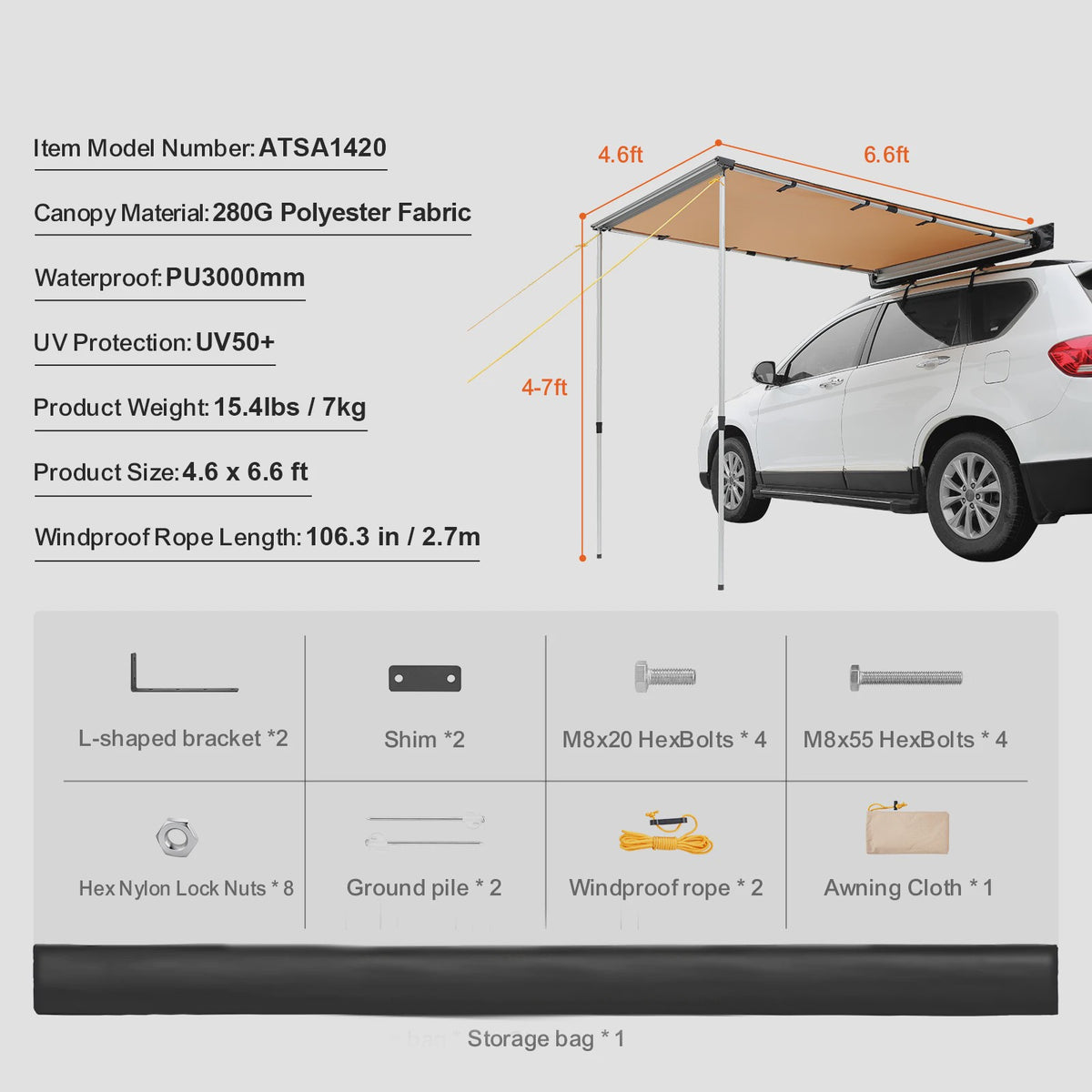 Waterdichte Autoluifel - Uittrekbare Luifel voor Auto, SUV, Camper - Inclusief Opbergtas