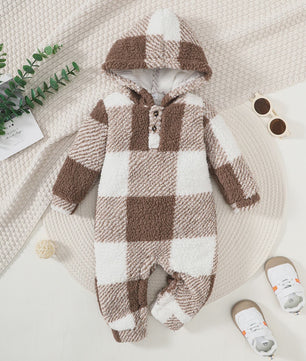 Warme Pluche Baby Romper met Capuchon - Geruit Jumpsuit voor Peuters (3-24 maanden)