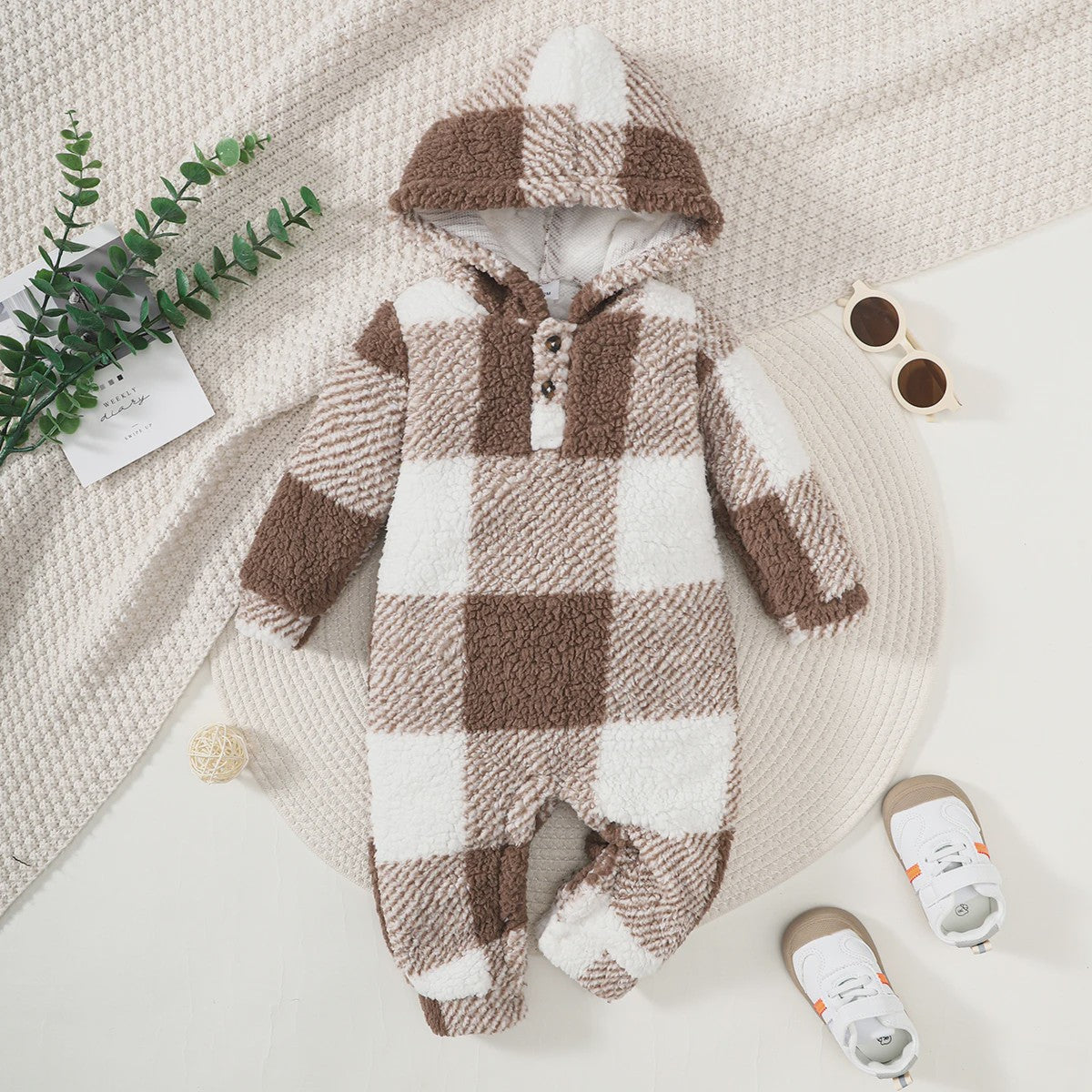 Warme Pluche Baby Romper met Capuchon - Geruit Jumpsuit voor Peuters (3-24 maanden)