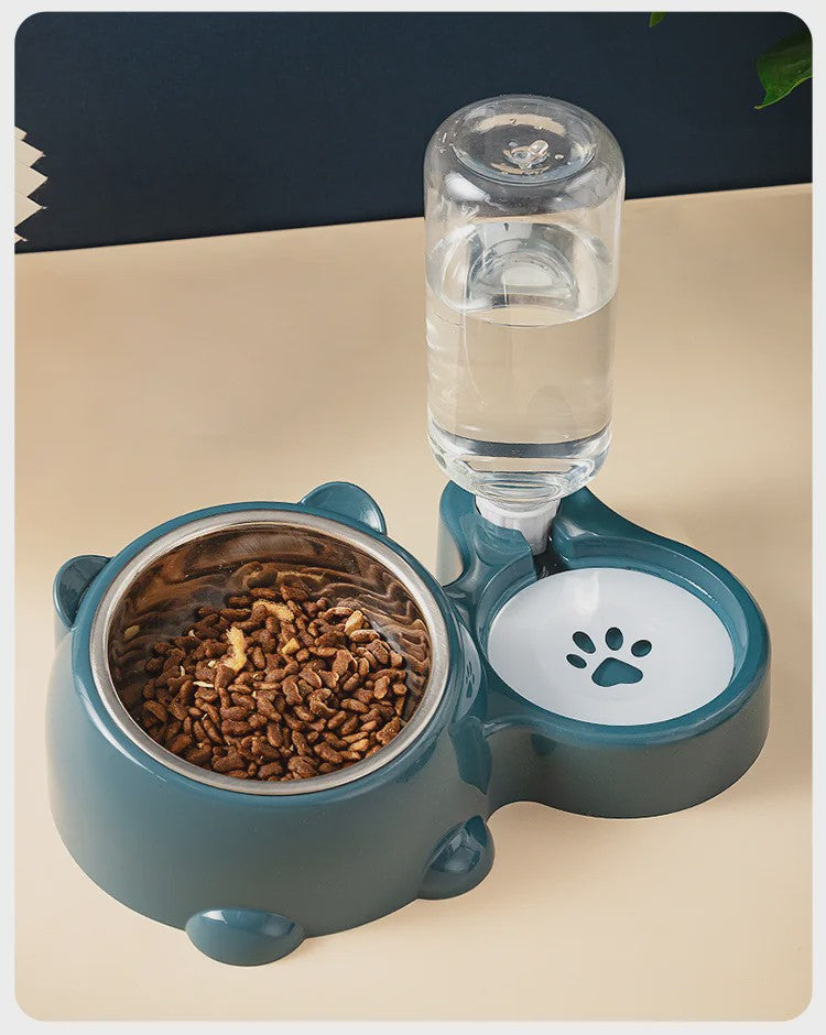 Dubbele Voer- en Waterbak voor Katten en Honden met Automatische Waterdispenser - Anti-slip & No-Spill