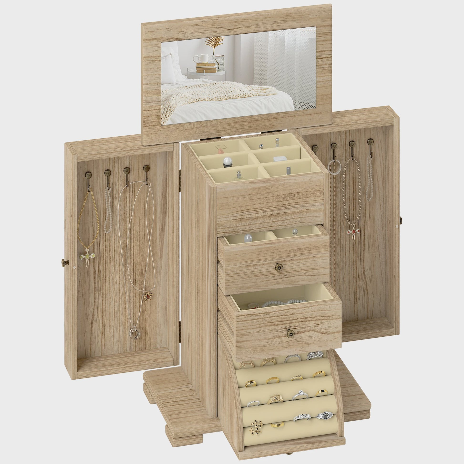 Houten Sieradenkast met Spiegel, Lades en Armbandrol - Organiseer je Accessoires