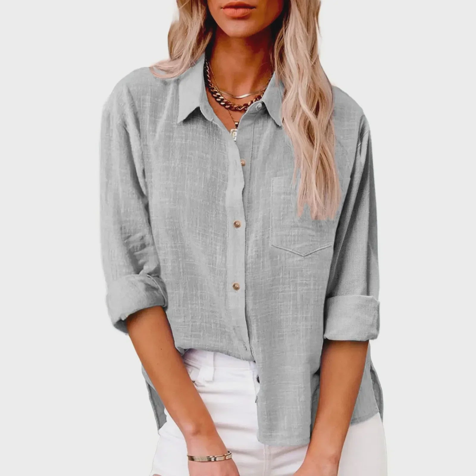 Dames Blouse met Lange Mouwen - Katoen Linnen Look