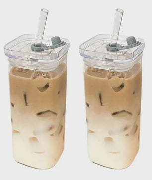 Vierkante Glazen Koffiebeker met Deksel en Rietje - Hittebestendig & Transparant