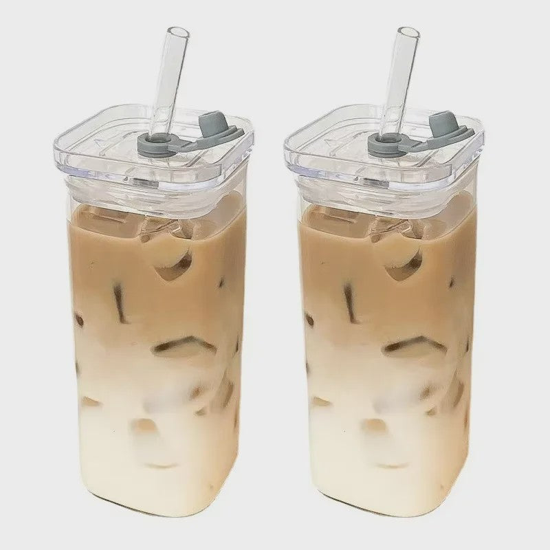 Vierkante Glazen Koffiebeker met Deksel en Rietje - Hittebestendig & Transparant