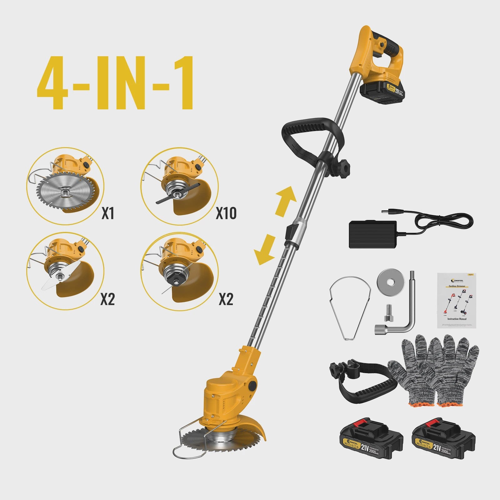 Accu Grastrimmer CONENTOOL 21V - 1500W Krachtige Bosmaaier met Telescoopsteel & 2 Batterijen