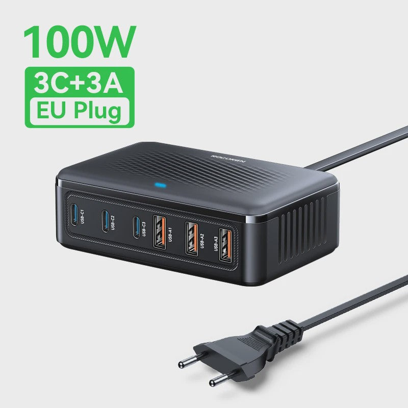 Rocoren 100W GaN Desktop Lader: 6-Poorts Snellader met USB-C voor Al Je Apparaten