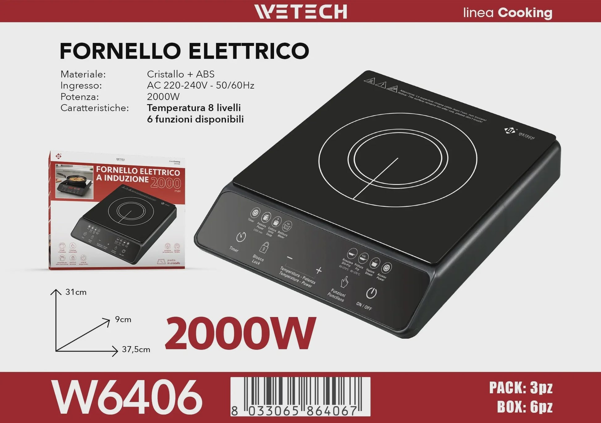WETECH W6406 Inductiekookplaat - 2000W, 8 Niveaus, 6 Functies, Touch Control, Timer & Kinderbeveiliging