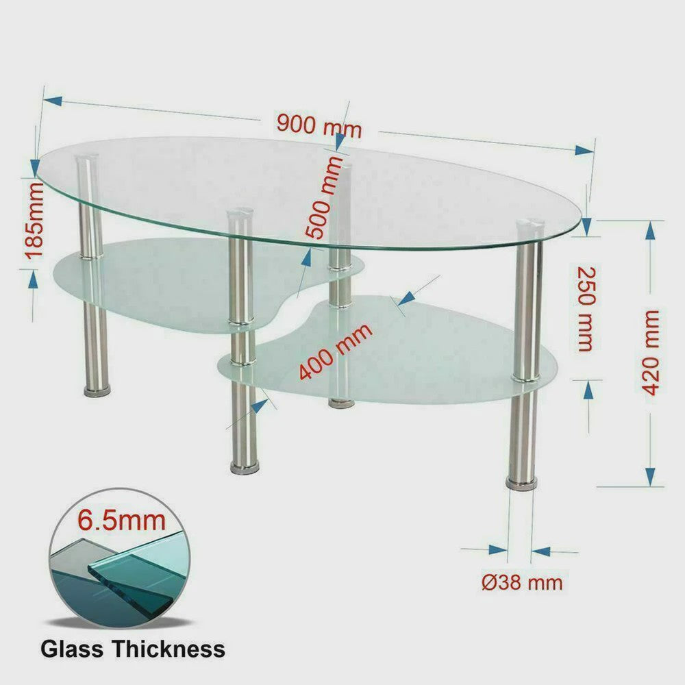 Ovale Glazen Koffietafel met 2 Niveaus - 90x50x45cm - Stijlvol en Modern