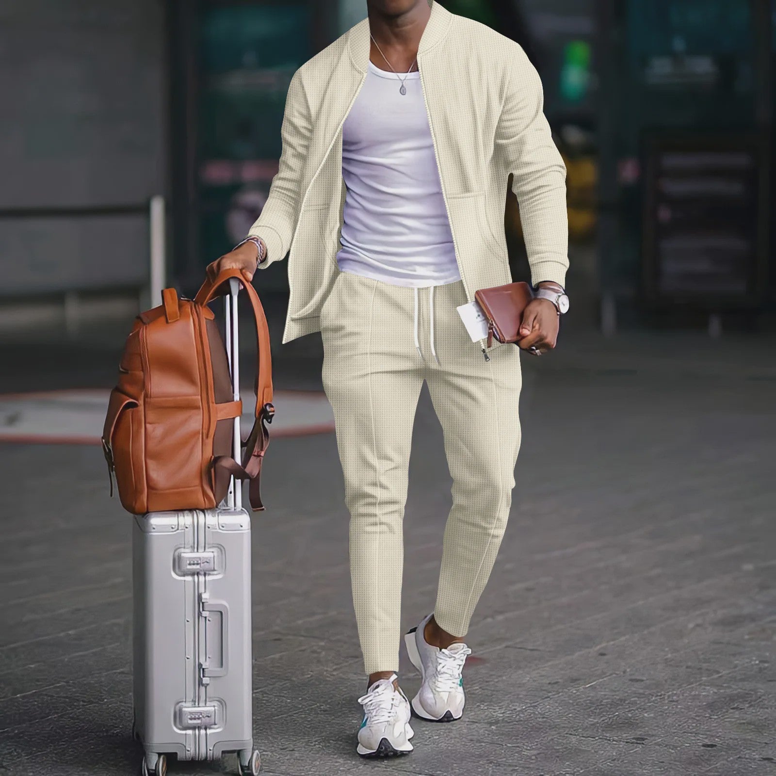 Herenset: Wafelprint Shirtjas met Rits & Casual Broek - Lente/Herfst Outfit