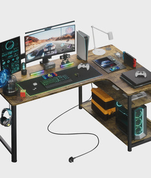 COMHOMA Hoekbureau met Planken, 120cm Gaming PC Bureau met USB Laadpoort en Stopcontact