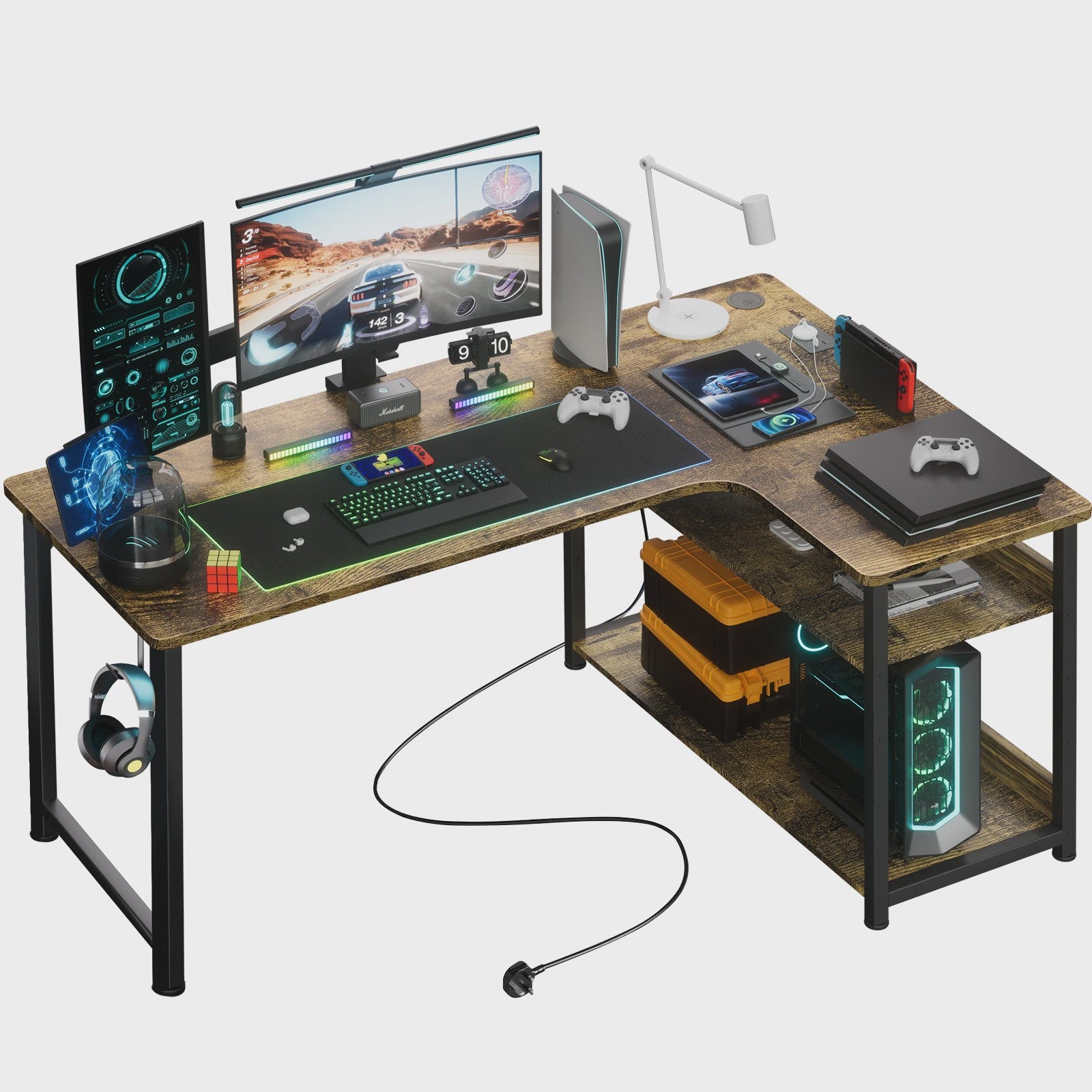 COMHOMA Hoekbureau met Planken, 120cm Gaming PC Bureau met USB Laadpoort en Stopcontact