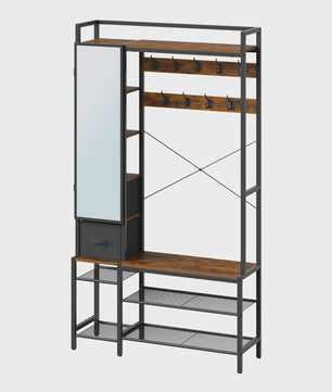 WOLTU Kapstok met Schoenrek, Spiegel en Lades - Open Garderoberek Metaal & Hout 100x30x180cm