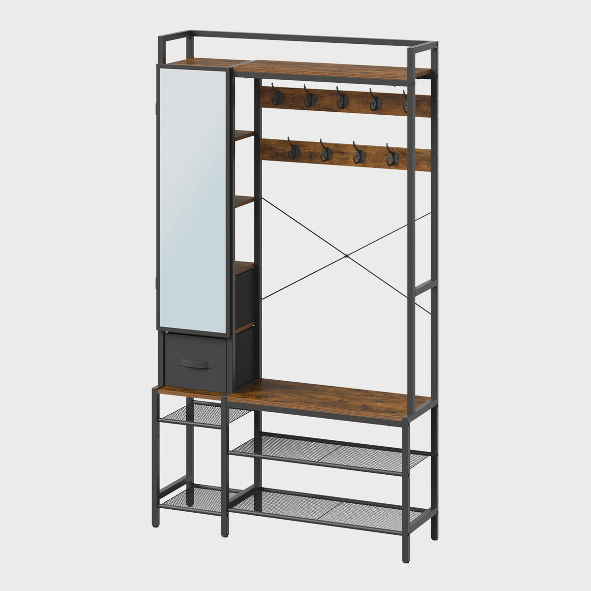 WOLTU Kapstok met Schoenrek, Spiegel en Lades - Open Garderoberek Metaal & Hout 100x30x180cm