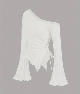Dames Off-Shoulder T-shirt met Trompetmouwen en Asymmetrische Pasvorm