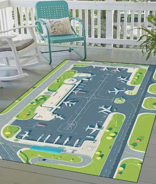VIKAMA Speelkleed Vliegveld met Vliegtuigen - Wasbaar & Antislip Speelmat voor Kinderkamer