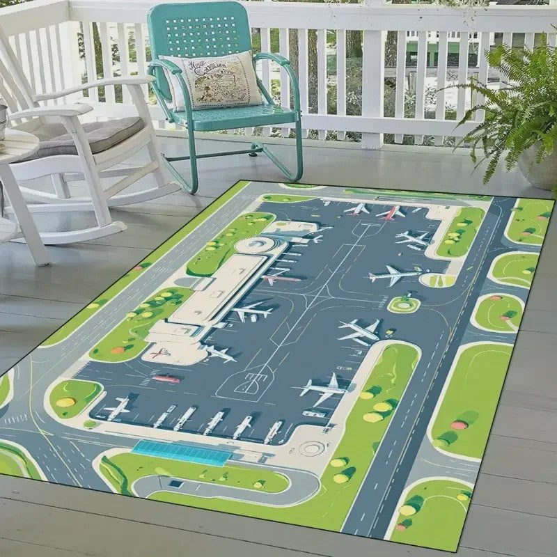 VIKAMA Speelkleed Vliegveld met Vliegtuigen - Wasbaar & Antislip Speelmat voor Kinderkamer