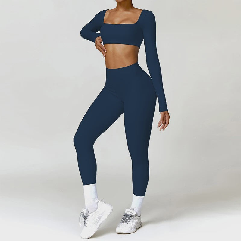 Dames Yoga Set 2-Delig: Sneldrogend Sportpak met Lange Mouwen Top en Hoge Taille Shorts