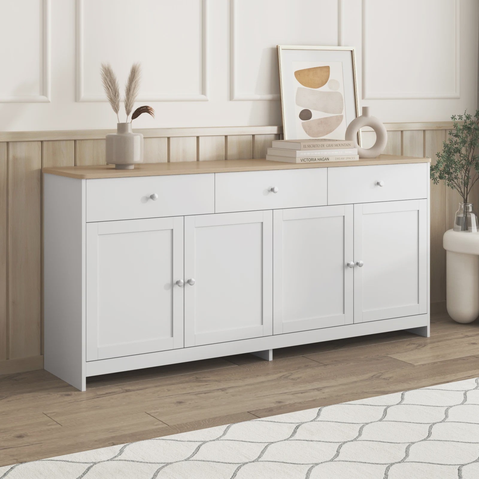 Moderne Witte Sideboardkast met 4 Deuren en 3 Lades - 160x37x75cm