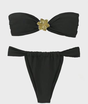 Dames Push-Up Bandeau Bikini Set met Braziliaanse Thong en Goudkleurige Ring Detail