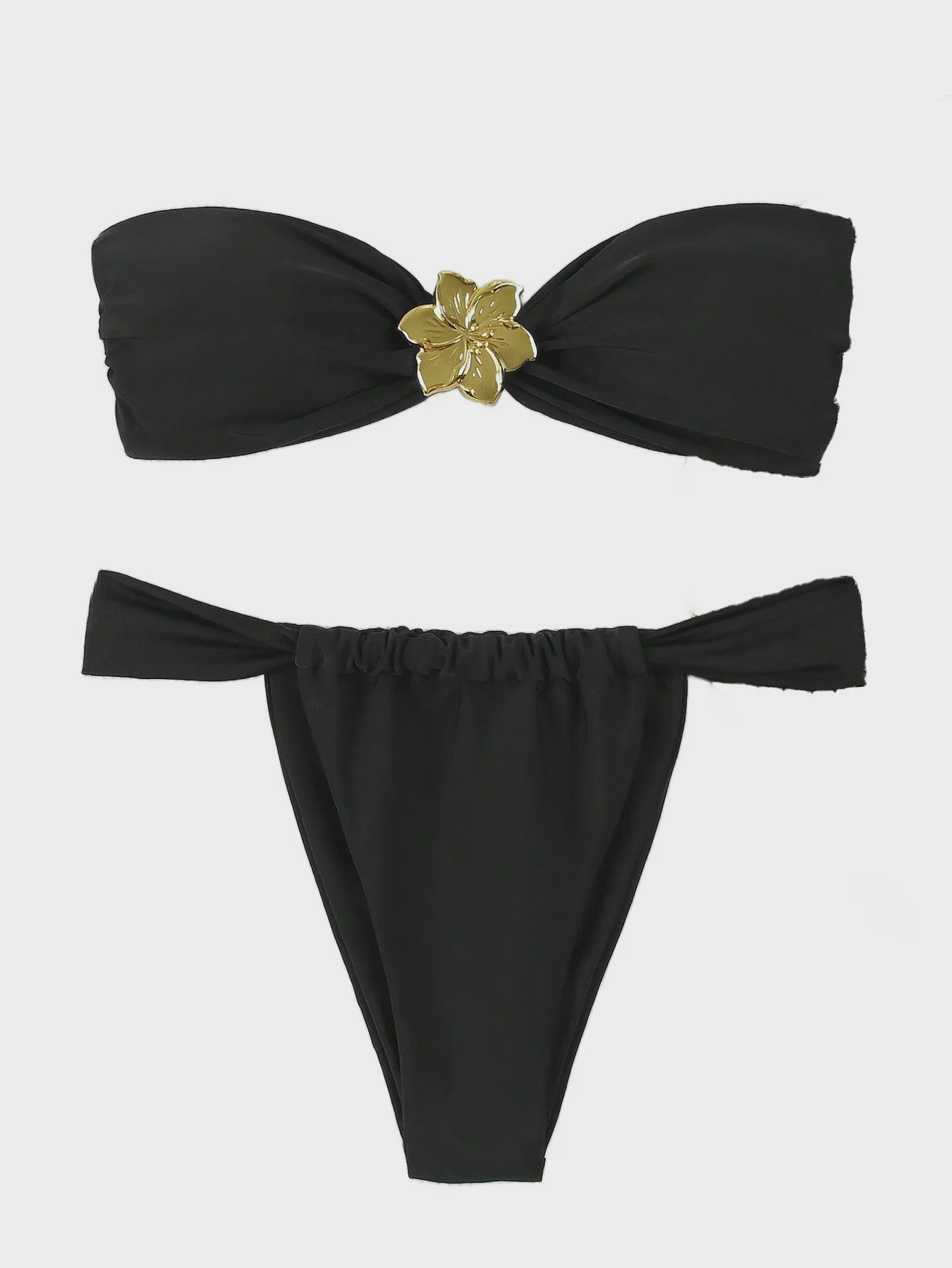 Dames Push-Up Bandeau Bikini Set met Braziliaanse Thong en Goudkleurige Ring Detail
