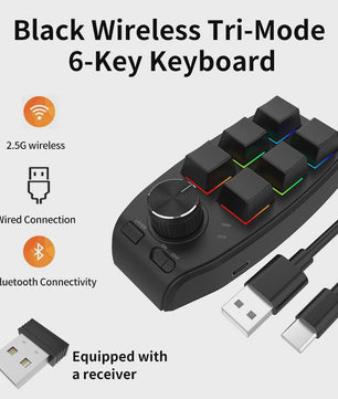 Compact 6-Key Macro Mini Toetsenbord met Draaiknop - USB & Bluetooth, Hot-swap, Programmeerbaar