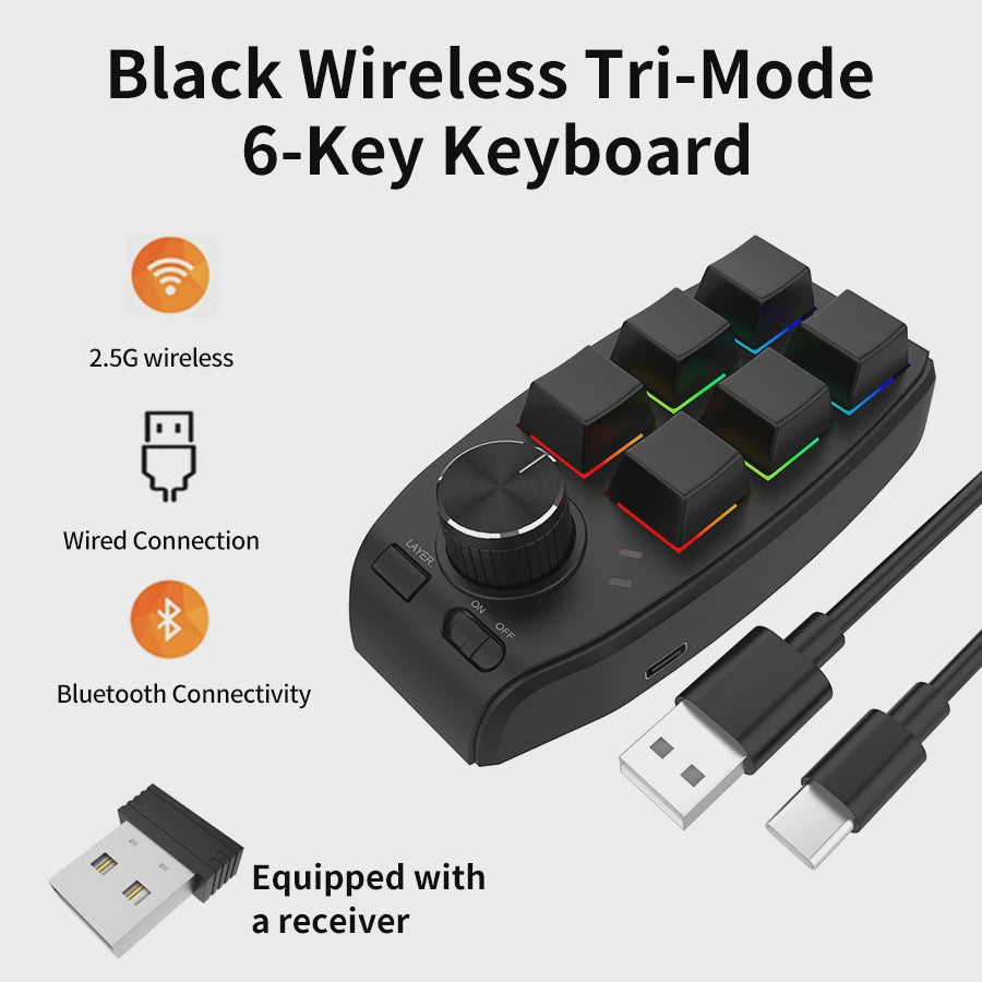 Compact 6-Key Macro Mini Toetsenbord met Draaiknop - USB & Bluetooth, Hot-swap, Programmeerbaar