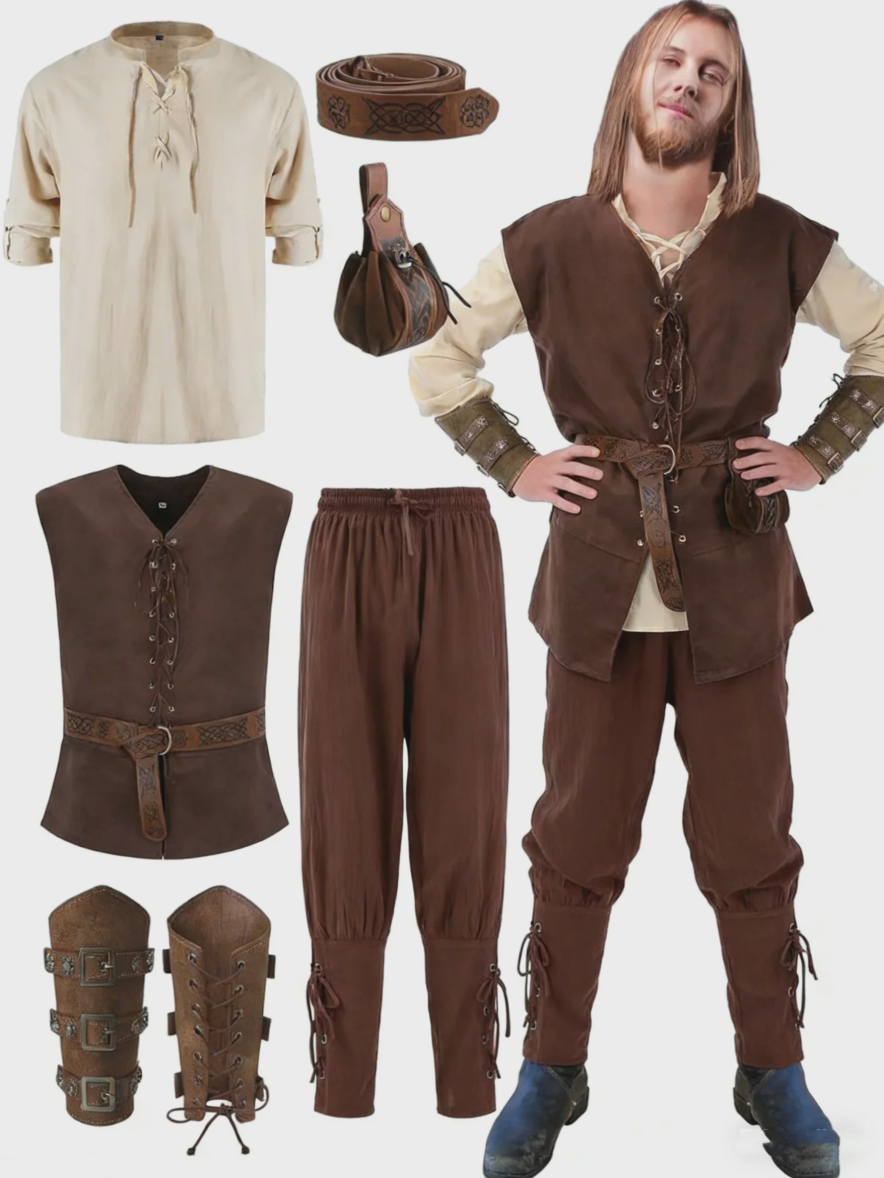 Herfst/Winter Herenkostuum: Middeleeuws Renaissance Viking Set (6-delig)