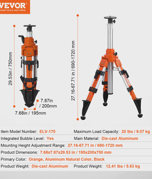 VEVOR Laser Level Statief: Robuust, Verstelbaar Hoogte Statief met Waterpas & Diffusielimiet