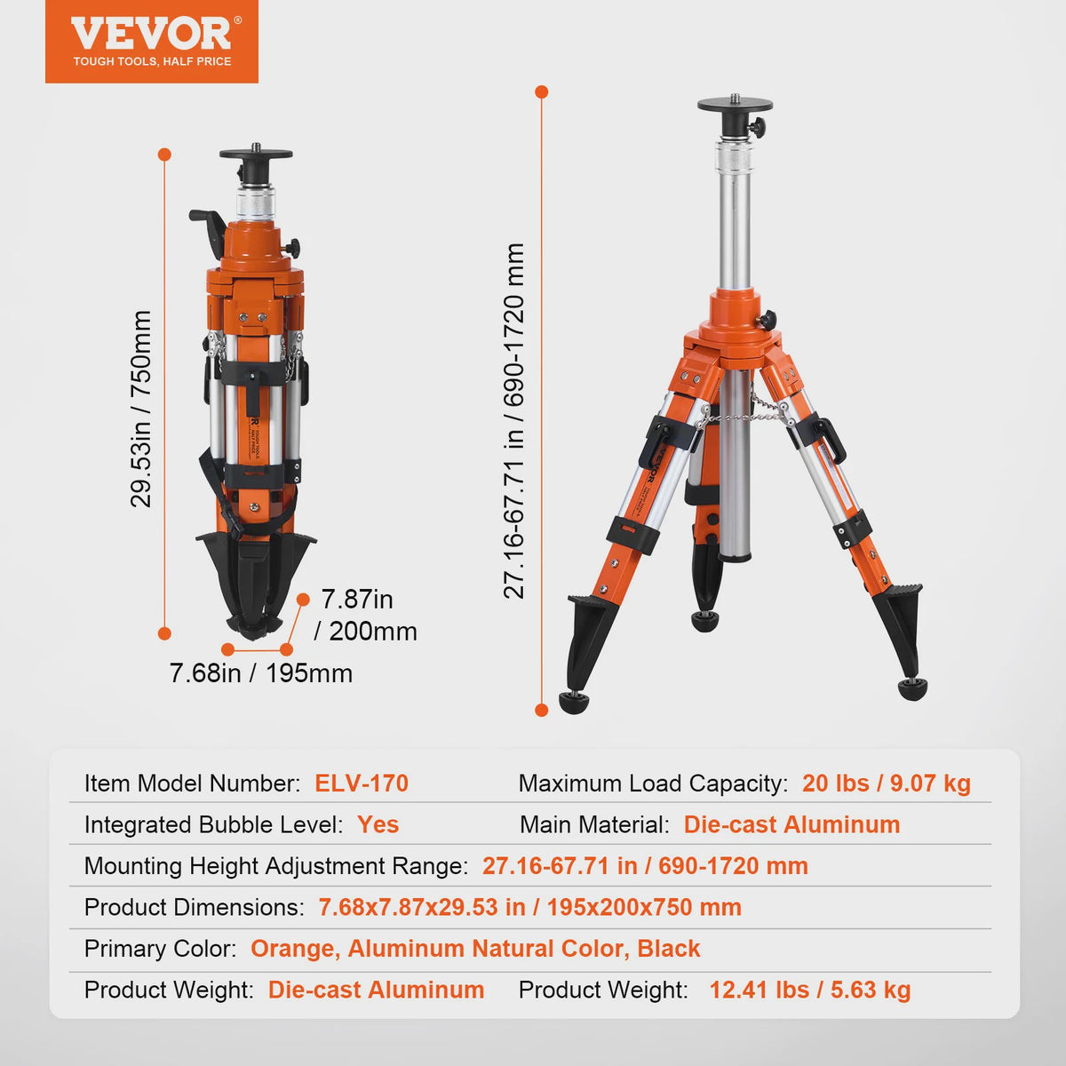 VEVOR Laser Level Statief: Robuust, Verstelbaar Hoogte Statief met Waterpas & Diffusielimiet