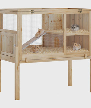 Houten Knaagdierkooi met Standaard, Helling en Schuilhuisje - Ruim en Gemakkelijk Schoon te Maken
