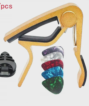 7-delige Gitaar Capo Set met 5 Picks en Houder - Zwart & Zilver