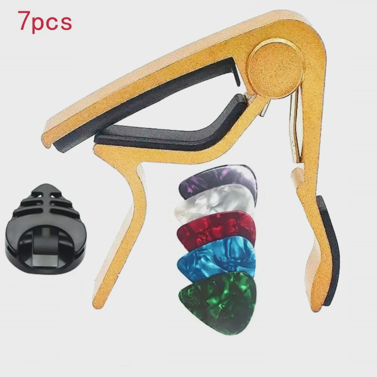 7-delige Gitaar Capo Set met 5 Picks en Houder - Zwart & Zilver