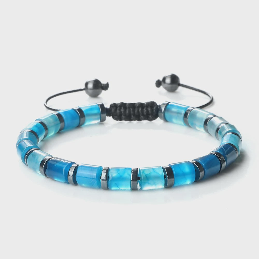 Blauwe Cilindervormige Agate Armband - Gevlochten Natuursteen Bangle voor Dames en Heren