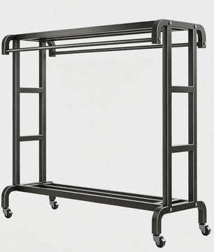 Robuust Kledingrek met Wielen - Dubbele Rails & Opbergruimte - Zwart