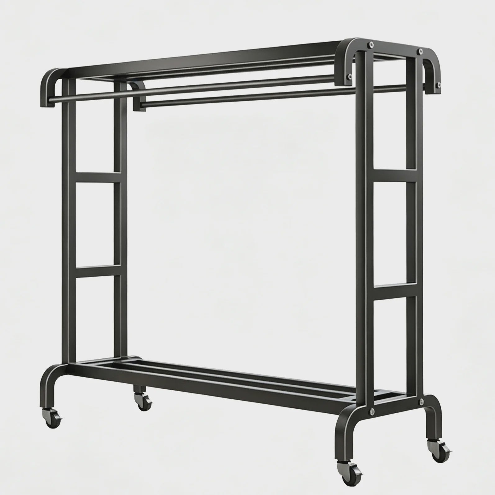 Robuust Kledingrek met Wielen - Dubbele Rails & Opbergruimte - Zwart