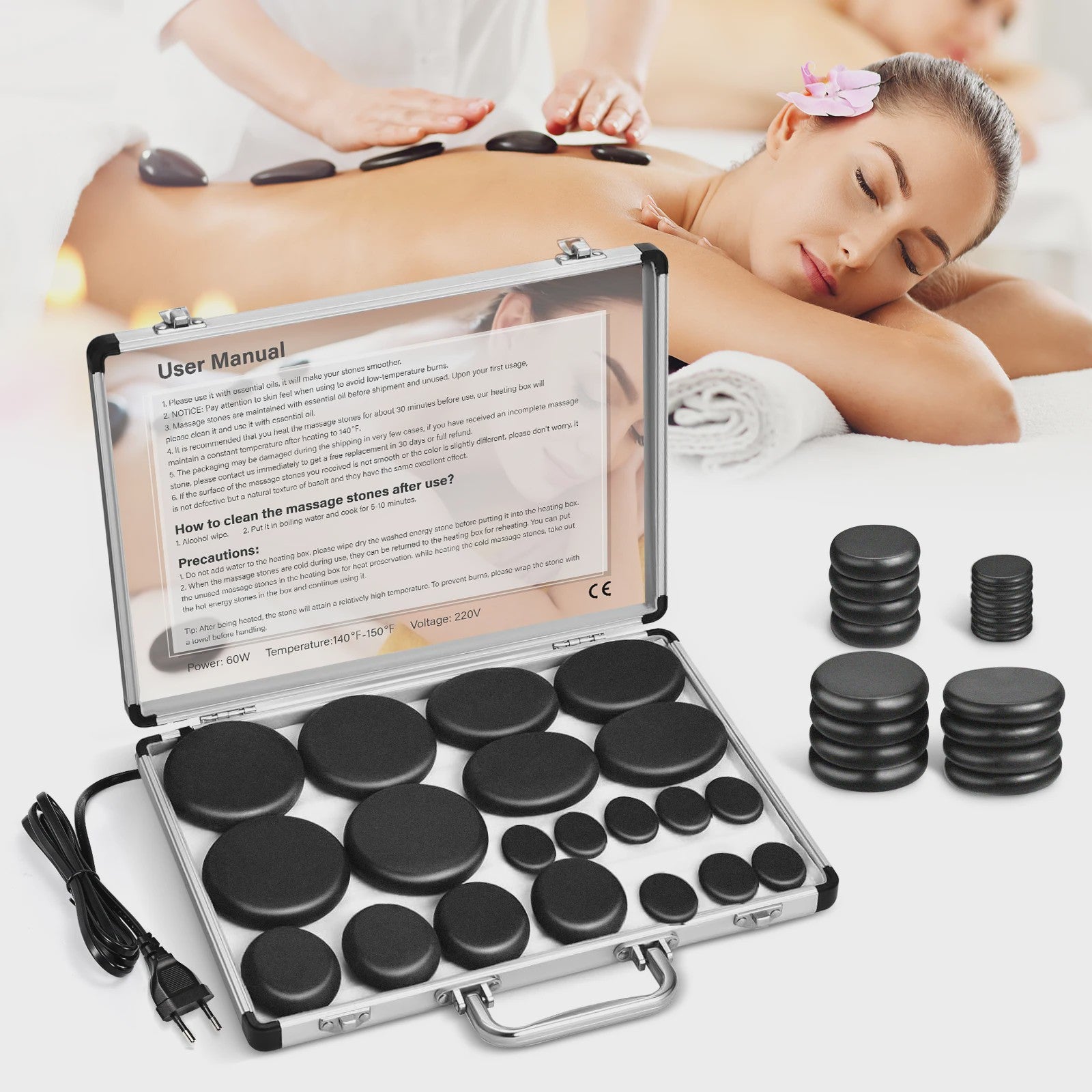 Professionele Hot Stone Massage Set met Verwarmer - 20 Stenen & Temperatuurregeling