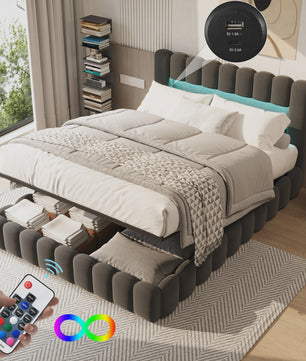 Luxe Gestoffeerd Bed 180x200cm met LED-verlichting, USB & Hydraulische Opbergruimte